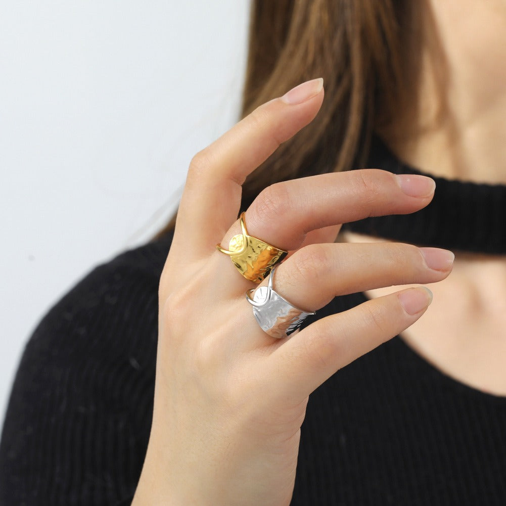 Overlapping hollow curved surface double curved piece elegant stainless steel open ring