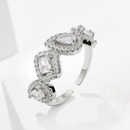 Geometric Square Water Drop Zircon Ring for Women, European and American Fashion Retro Open Ring