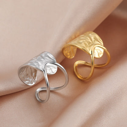 Overlapping hollow curved surface double curved piece elegant stainless steel open ring