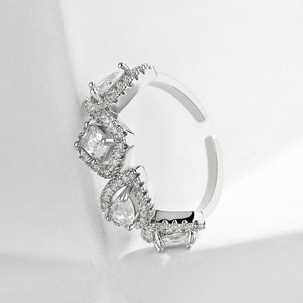 Geometric Square Water Drop Zircon Ring for Women, European and American Fashion Retro Open Ring